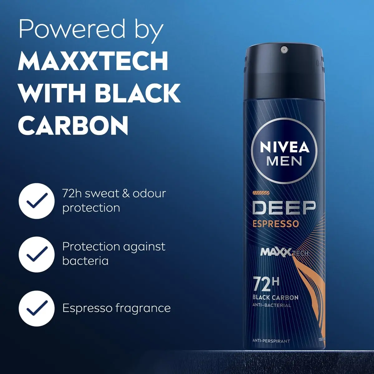 NIVEA Men DEEP Black Carbon antiperspirant spray provides 72-hour protection against sweat and odor with an energizing espresso scent.