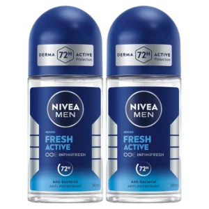 NIVEA MEN Fresh Active roll-on antiperspirant offers 48-hour protection and a revitalizing ocean scent for all-day freshness.