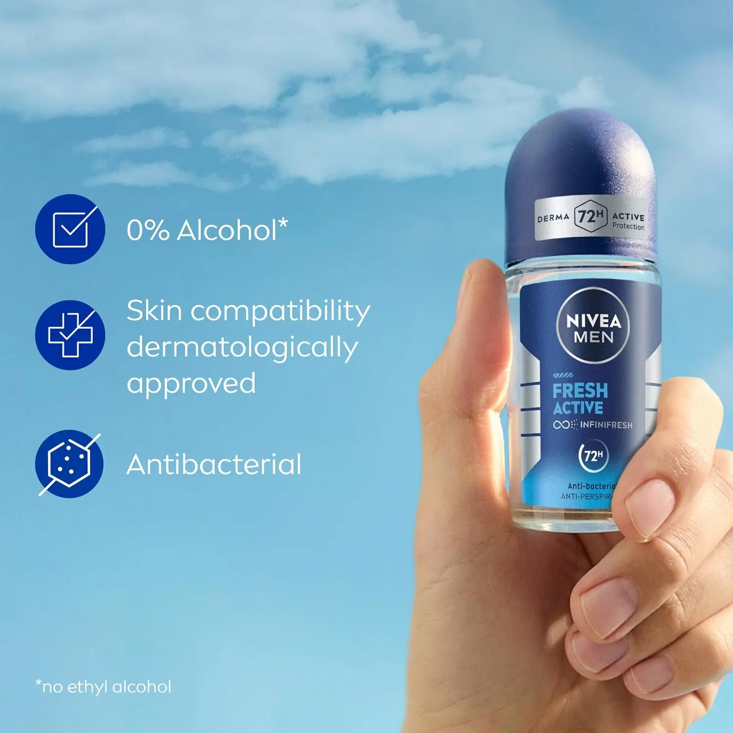 NIVEA MEN Fresh Active roll-on antiperspirant offers 48-hour protection and a revitalizing ocean scent for all-day freshness.