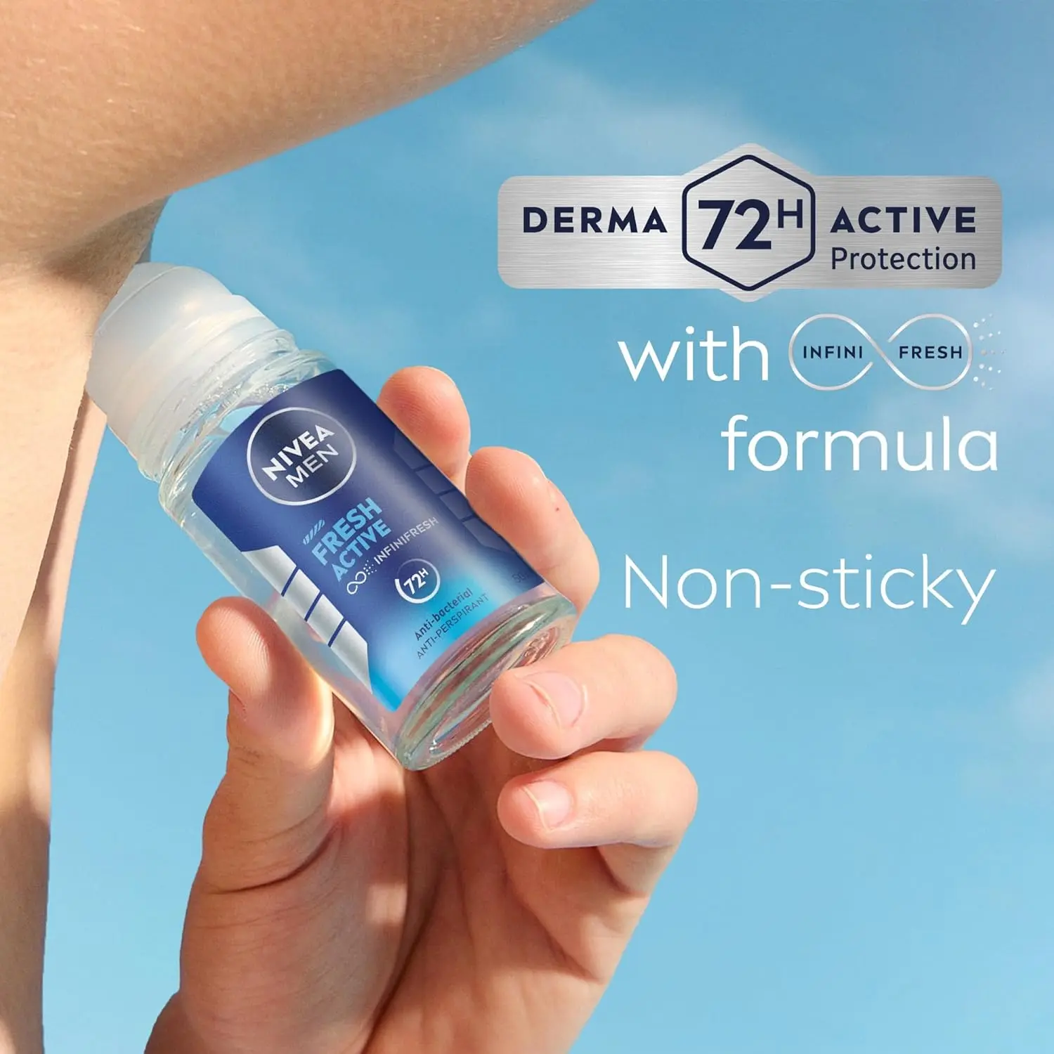 NIVEA MEN Fresh Active roll-on antiperspirant offers 48-hour protection and a revitalizing ocean scent for all-day freshness.
