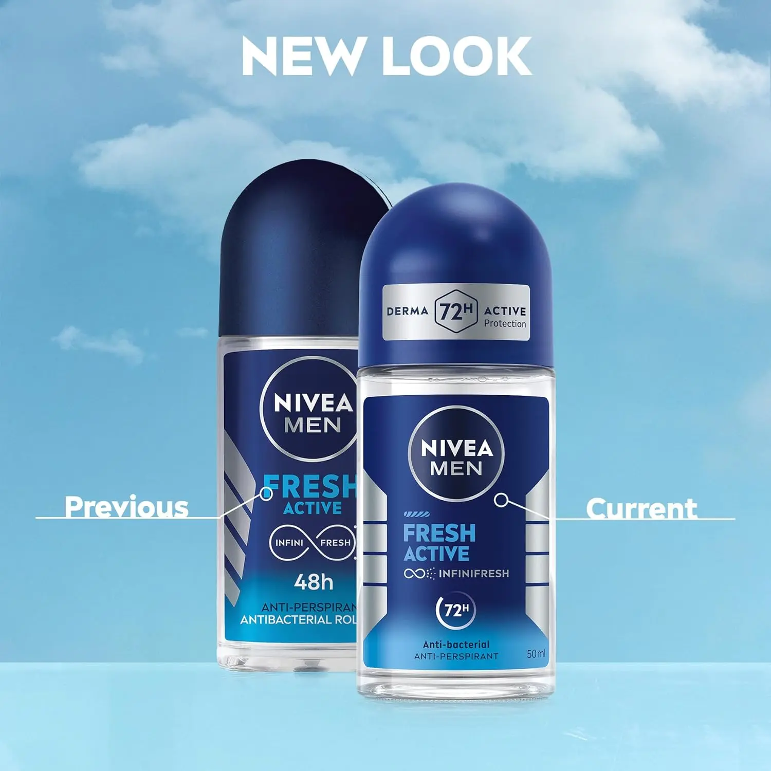 NIVEA MEN Fresh Active roll-on antiperspirant offers 48-hour protection and a revitalizing ocean scent for all-day freshness.