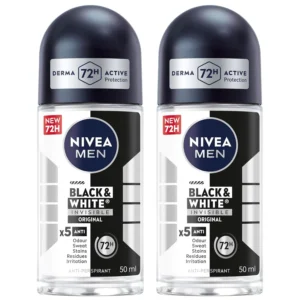 NIVEA Men Black & White Invisible Original antiperspirant roll-on deodorant provides 72-hour protection against sweat, odour, and stains, keeping you fresh and confident.