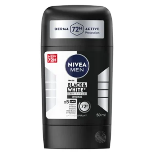 NIVEA Men Black & White Invisible Original Antiperspirant Stick provides 72-hour protection against sweat and odor, while preventing white marks and yellow stains on clothing.