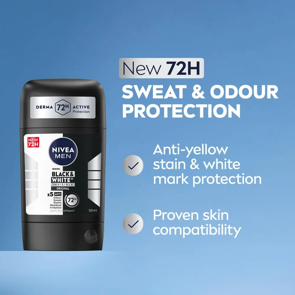 NIVEA Men Black & White Invisible Original Antiperspirant Stick provides 72-hour protection against sweat and odor, while preventing white marks and yellow stains on clothing.