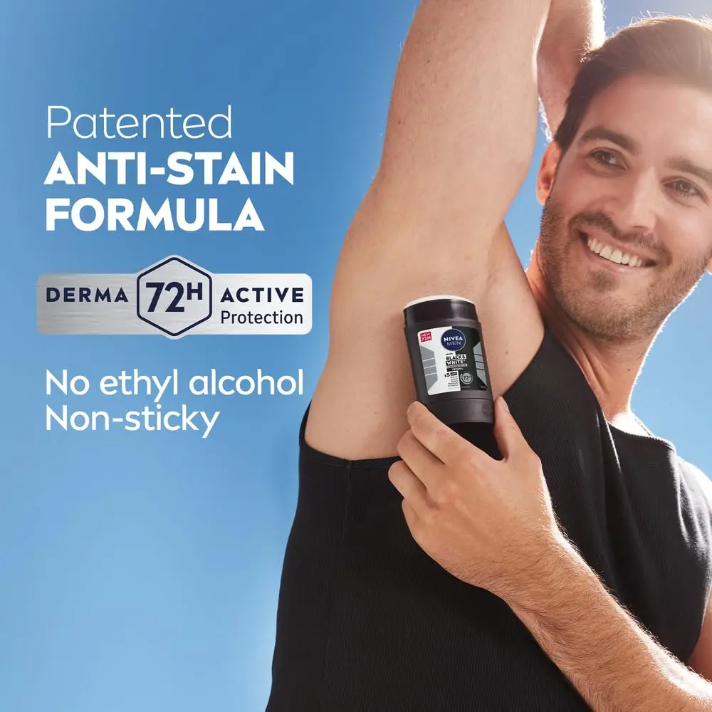 NIVEA Men Black & White Invisible Original Antiperspirant Stick provides 72-hour protection against sweat and odor, while preventing white marks and yellow stains on clothing.