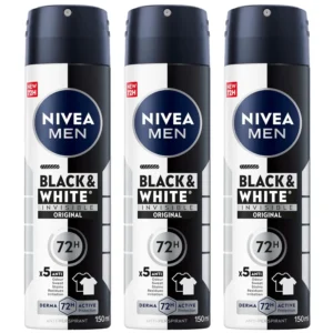 Three cans of NIVEA MEN Black & White Invisible Original antiperspirant spray, providing 48-hour protection against sweat and yellow stains, while keeping black clothes black and white clothes white.