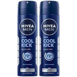 NIVEA Men Cool Kick antiperspirant spray provides 48-hour protection and a revitalizing cooling sensation with its alcohol-free formula, perfect for daily use.