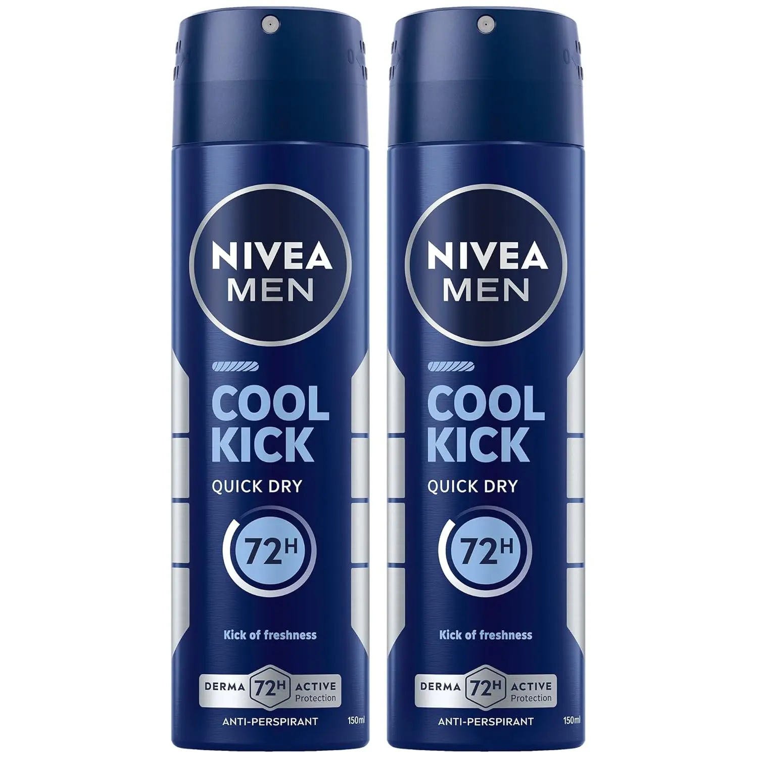 NIVEA Men Cool Kick antiperspirant spray provides 48-hour protection and a revitalizing cooling sensation with its alcohol-free formula, perfect for daily use.
