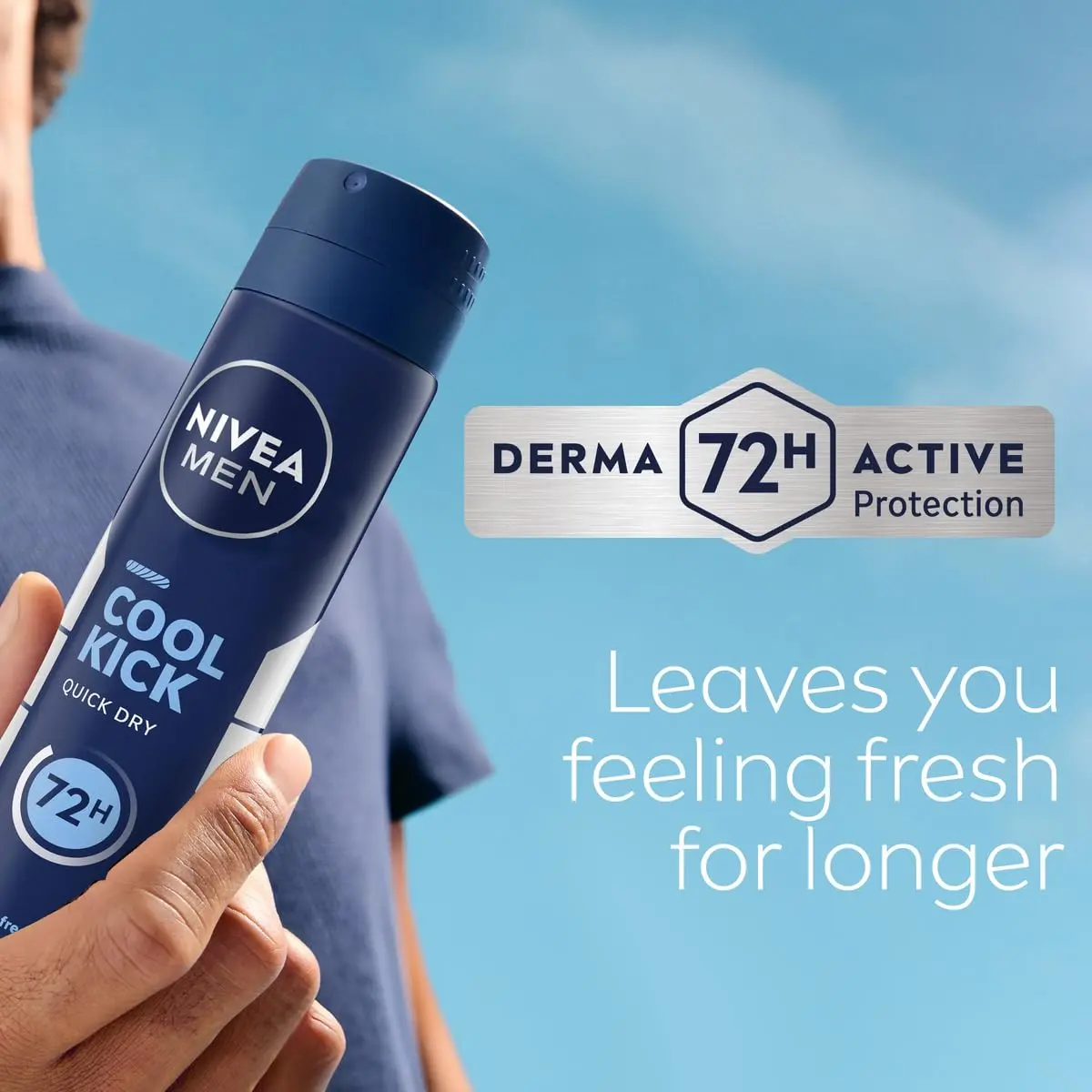 NIVEA Men Cool Kick antiperspirant spray provides 48-hour protection and a revitalizing cooling sensation with its alcohol-free formula, perfect for daily use.