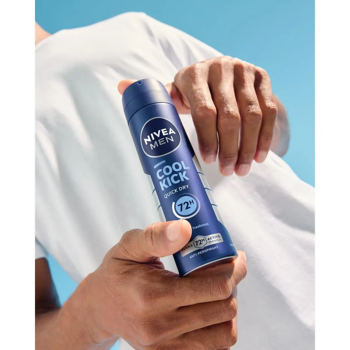 NIVEA Men Cool Kick antiperspirant spray provides 48-hour protection and a revitalizing cooling sensation with its alcohol-free formula, perfect for daily use.