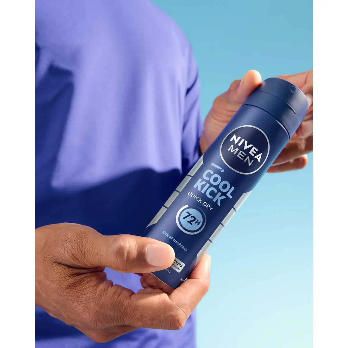 NIVEA Men Cool Kick antiperspirant spray provides 48-hour protection and a revitalizing cooling sensation with its alcohol-free formula, perfect for daily use.