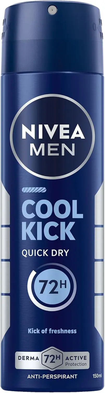 NIVEA Men Cool Kick antiperspirant spray provides 48-hour protection and a revitalizing cooling sensation with its alcohol-free formula, perfect for daily use.