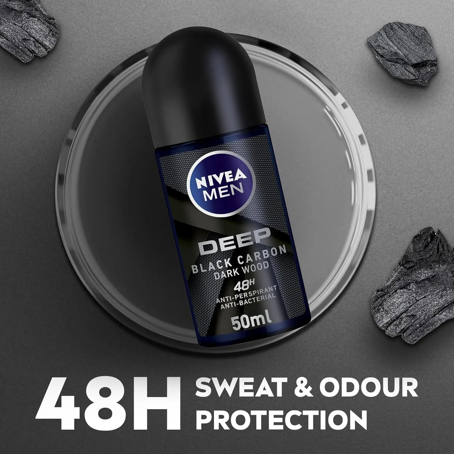 NIVEA MEN DEEP antiperspirant roll-on provides 48-hour antibacterial protection with a dark wood scent and no visible black residue.