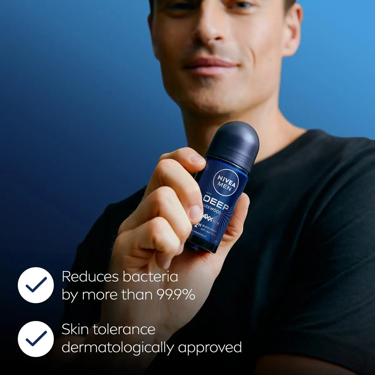 NIVEA MEN DEEP antiperspirant roll-on provides 48-hour antibacterial protection with a dark wood scent and no visible black residue.