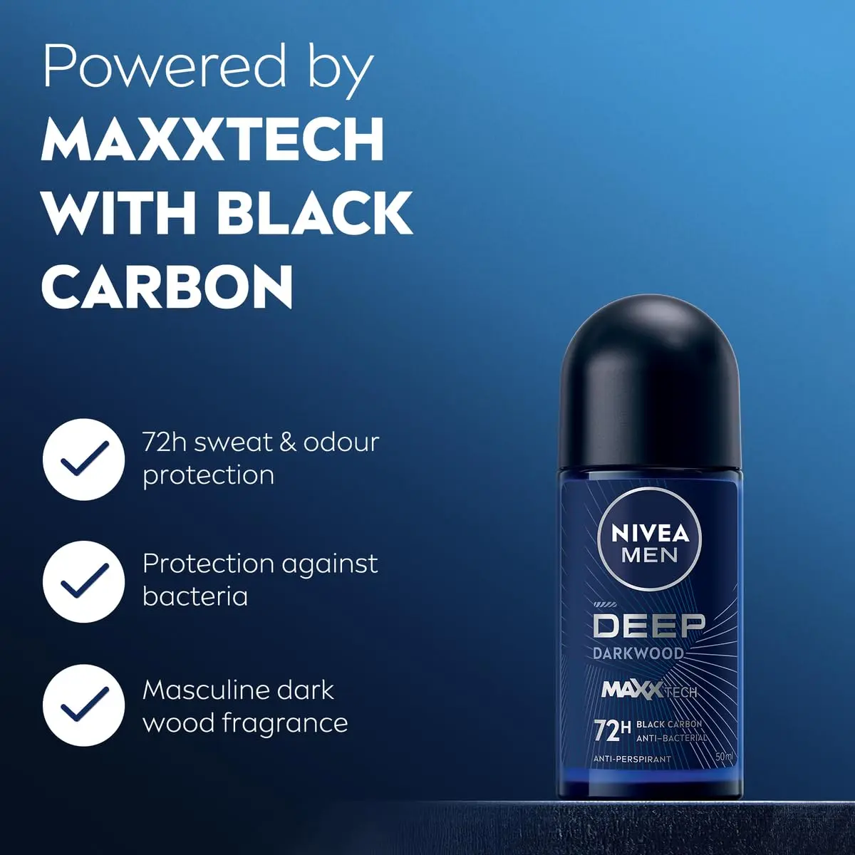 NIVEA MEN DEEP antiperspirant roll-on provides 48-hour antibacterial protection with a dark wood scent and no visible black residue.