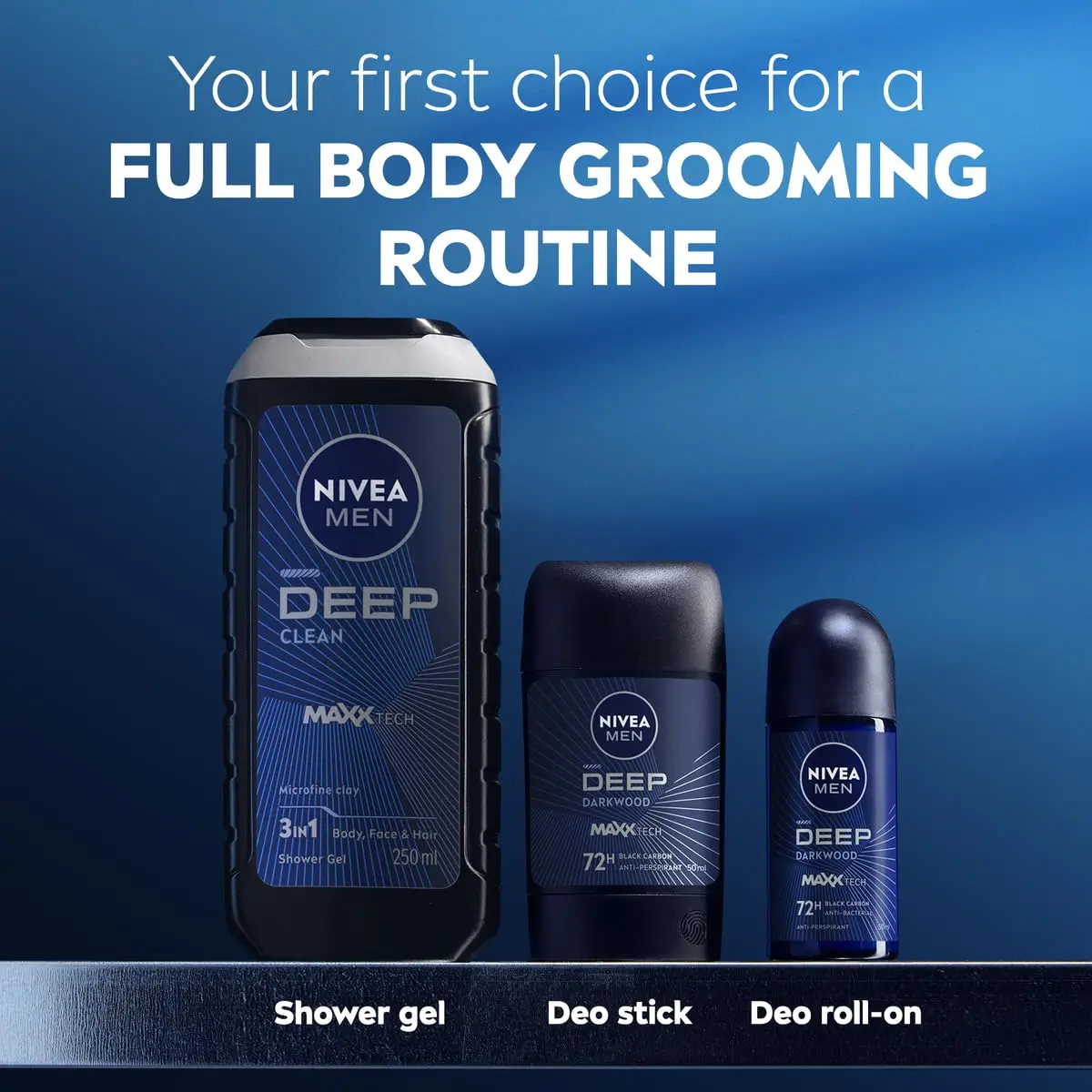 NIVEA MEN DEEP antiperspirant roll-on provides 48-hour antibacterial protection with a dark wood scent and no visible black residue.