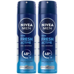 NIVEA Men Fresh Active antiperspirant deodorant spray offers 48-hour protection against sweat and odor, keeping skin dry and comfortable.
