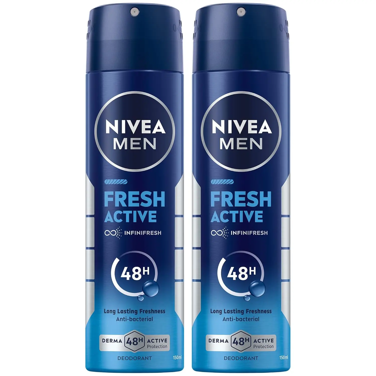 NIVEA Men Fresh Active antiperspirant deodorant spray offers 48-hour protection against sweat and odor, keeping skin dry and comfortable.