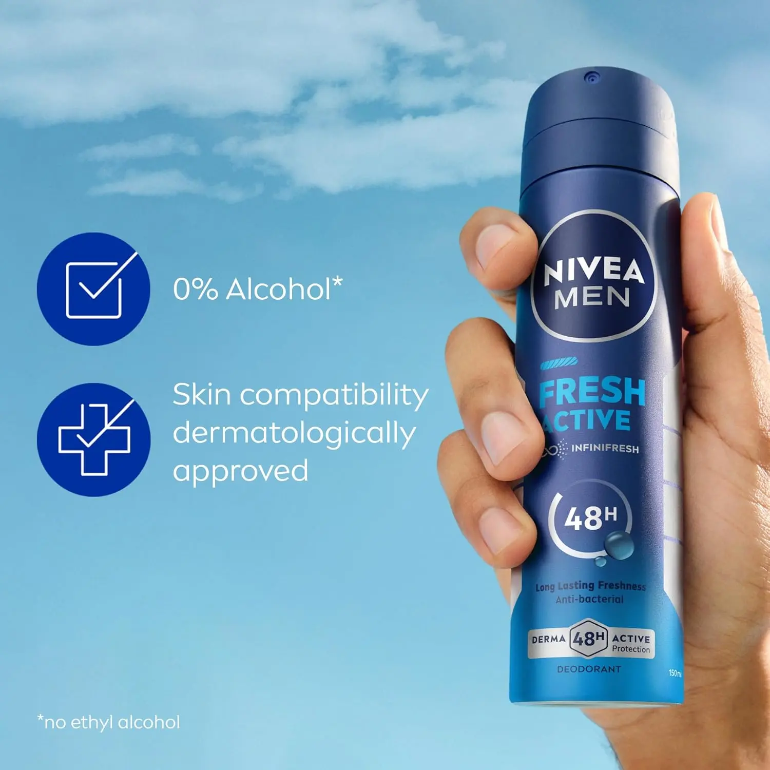 NIVEA Men Fresh Active antiperspirant deodorant spray offers 48-hour protection against sweat and odor, keeping skin dry and comfortable.