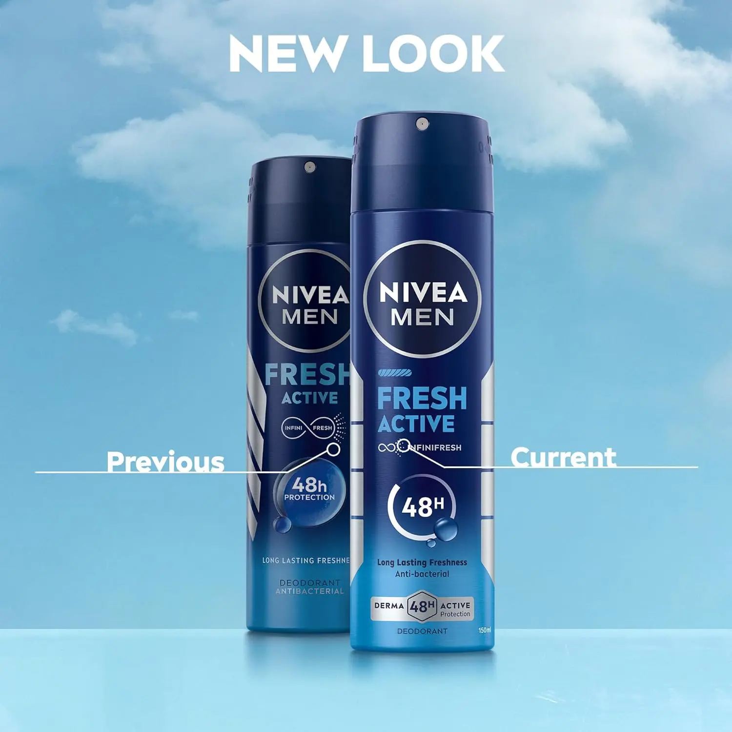 NIVEA Men Fresh Active antiperspirant deodorant spray offers 48-hour protection against sweat and odor, keeping skin dry and comfortable.