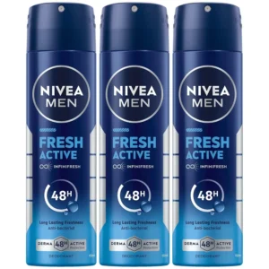 Three NIVEA MEN Fresh Active antiperspirant deodorant sprays for body odor protection with a fresh scent.
