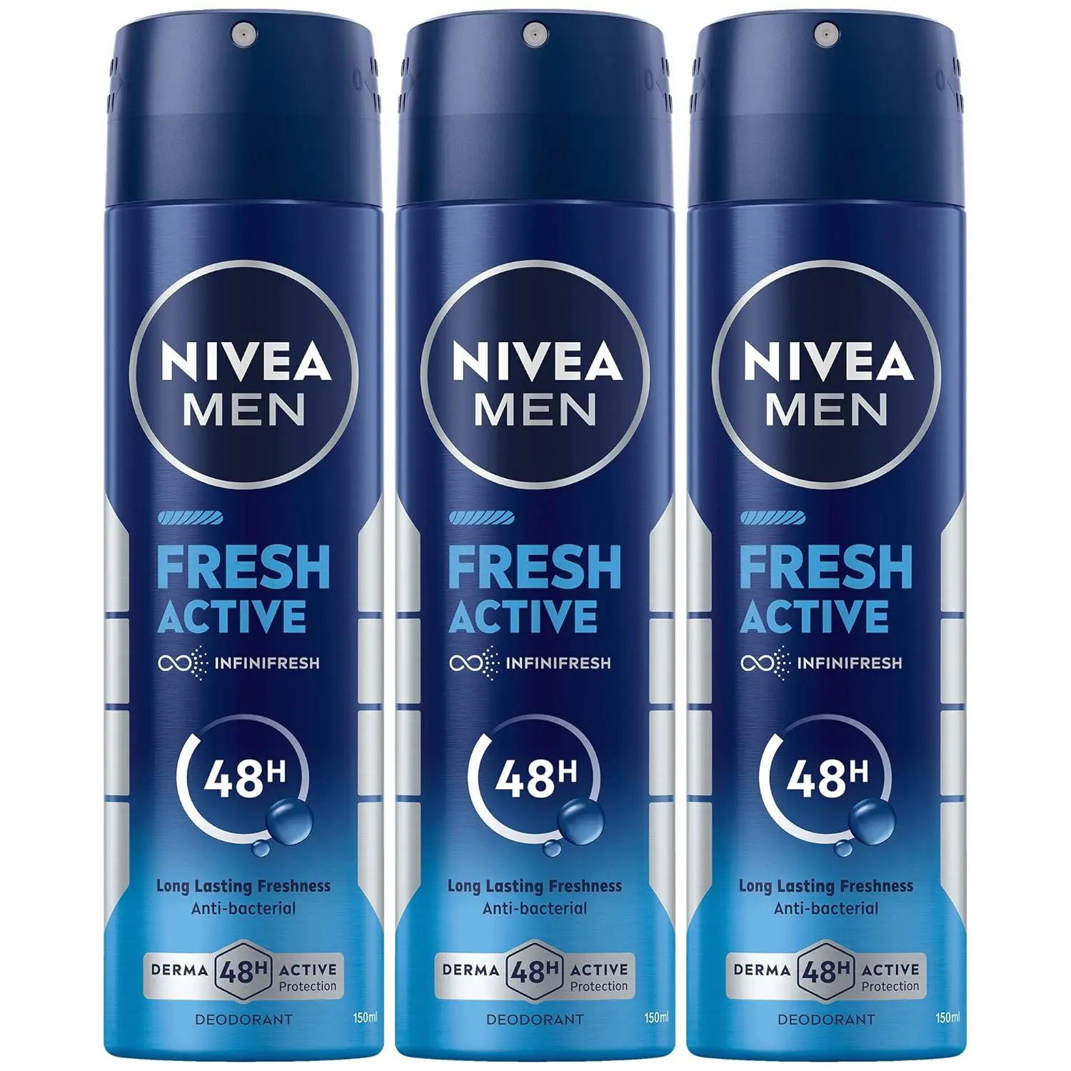 Three NIVEA MEN Fresh Active antiperspirant deodorant sprays for body odor protection with a fresh scent.
