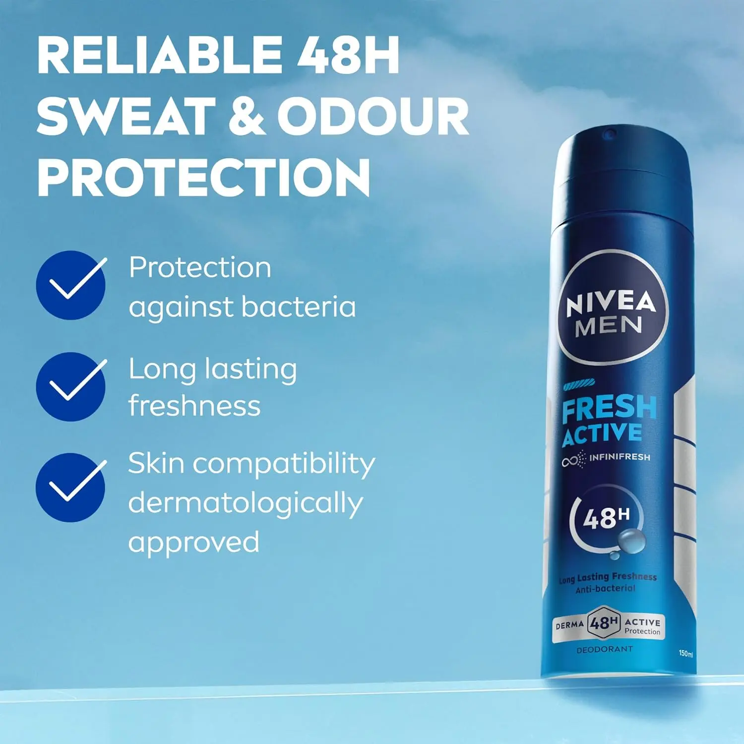 Three NIVEA MEN Fresh Active antiperspirant deodorant sprays for body odor protection with a fresh scent.