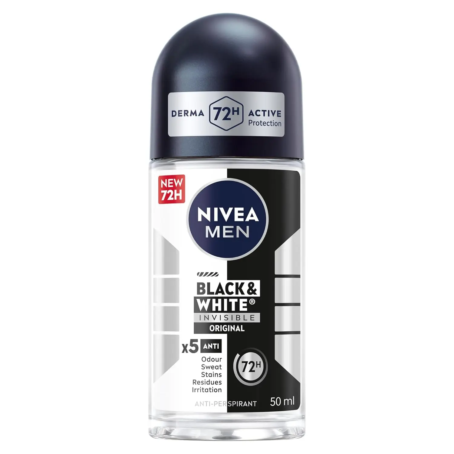 NIVEA MEN Black & White Invisible Original Antiperspirant Roll-On Deodorant offers 72-hour protection against odor, sweat, stains, residues, and irritation, leaving skin fresh and comfortable.