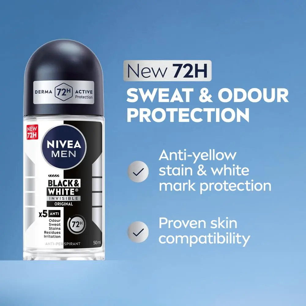 NIVEA MEN Black & White Invisible Original Antiperspirant Roll-On Deodorant offers 72-hour protection against odor, sweat, stains, residues, and irritation, leaving skin fresh and comfortable.