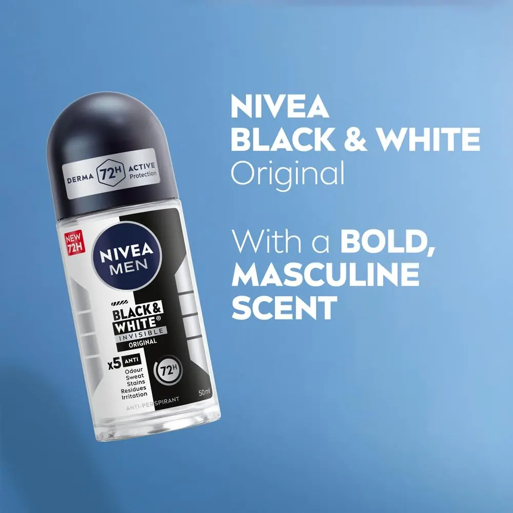 NIVEA MEN Black & White Invisible Original Antiperspirant Roll-On Deodorant offers 72-hour protection against odor, sweat, stains, residues, and irritation, leaving skin fresh and comfortable.