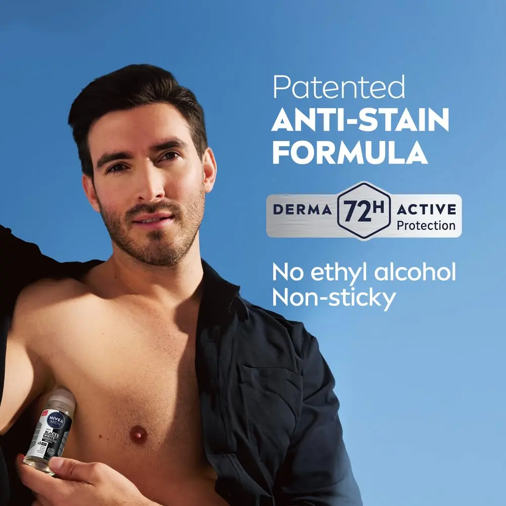 NIVEA MEN Black & White Invisible Original Antiperspirant Roll-On Deodorant offers 72-hour protection against odor, sweat, stains, residues, and irritation, leaving skin fresh and comfortable.