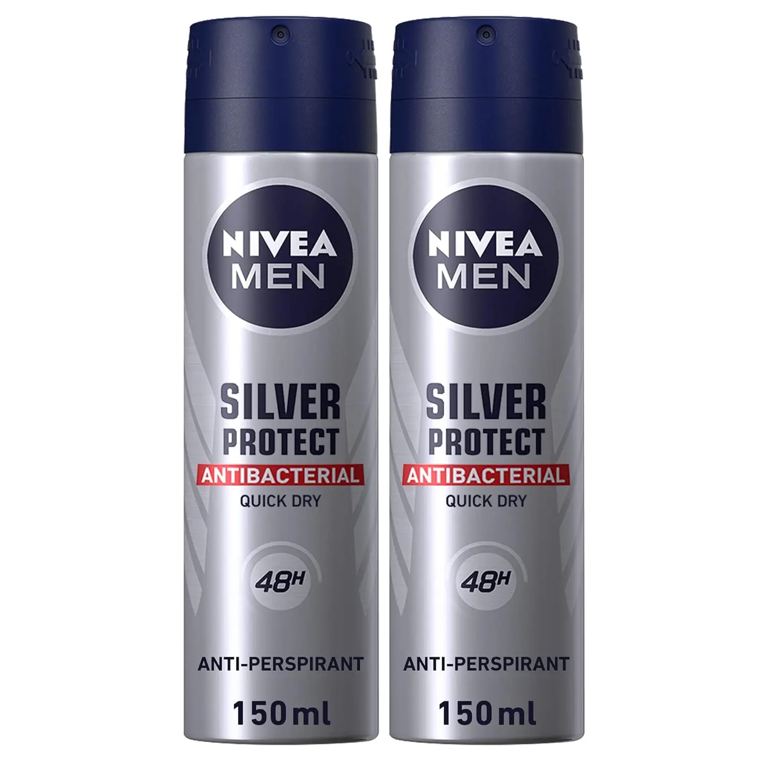 Two cans of NIVEA MEN Silver Protect antiperspirant spray providing 48-hour antibacterial protection against body odor and odor-causing bacteria.