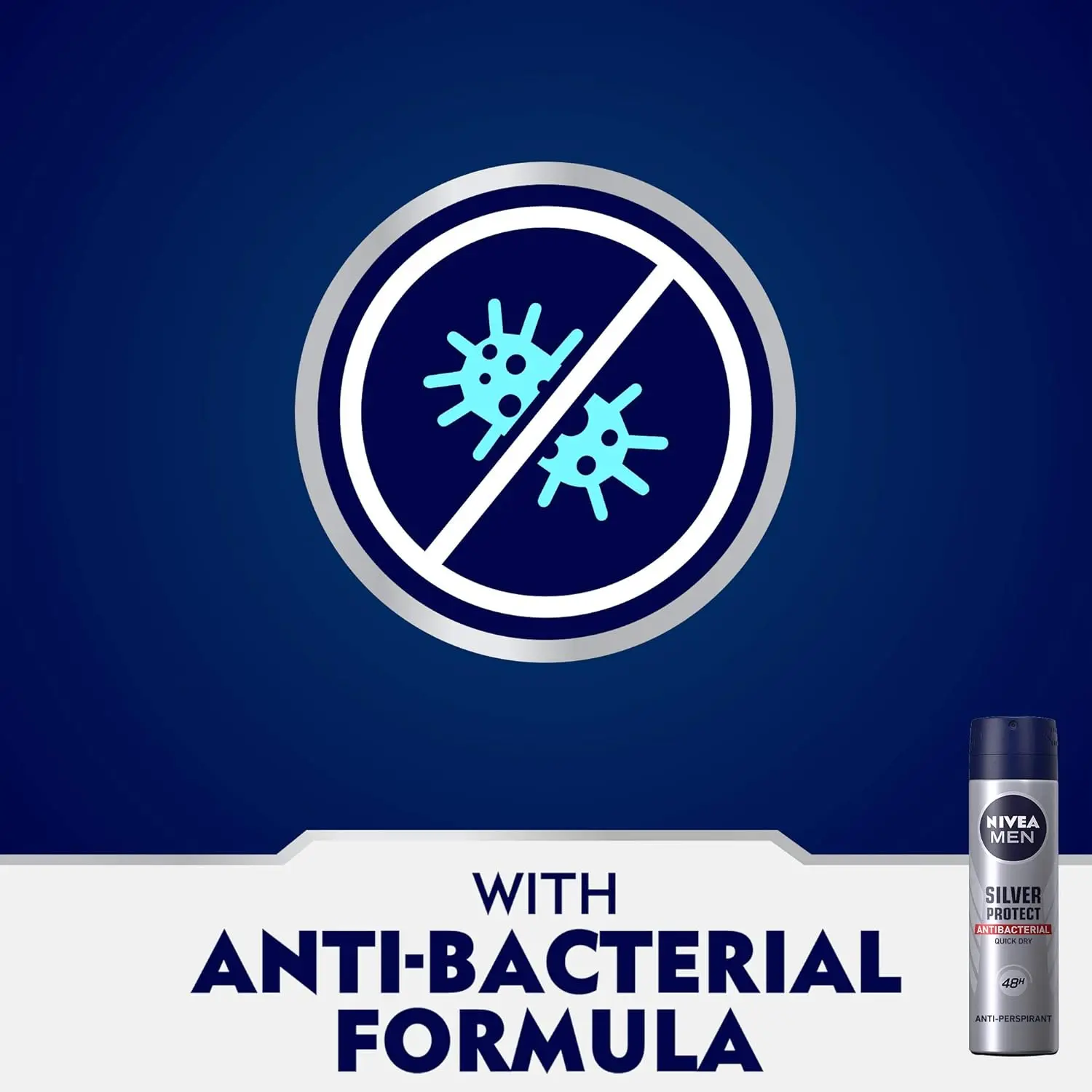 Two cans of NIVEA MEN Silver Protect antiperspirant spray providing 48-hour antibacterial protection against body odor and odor-causing bacteria.