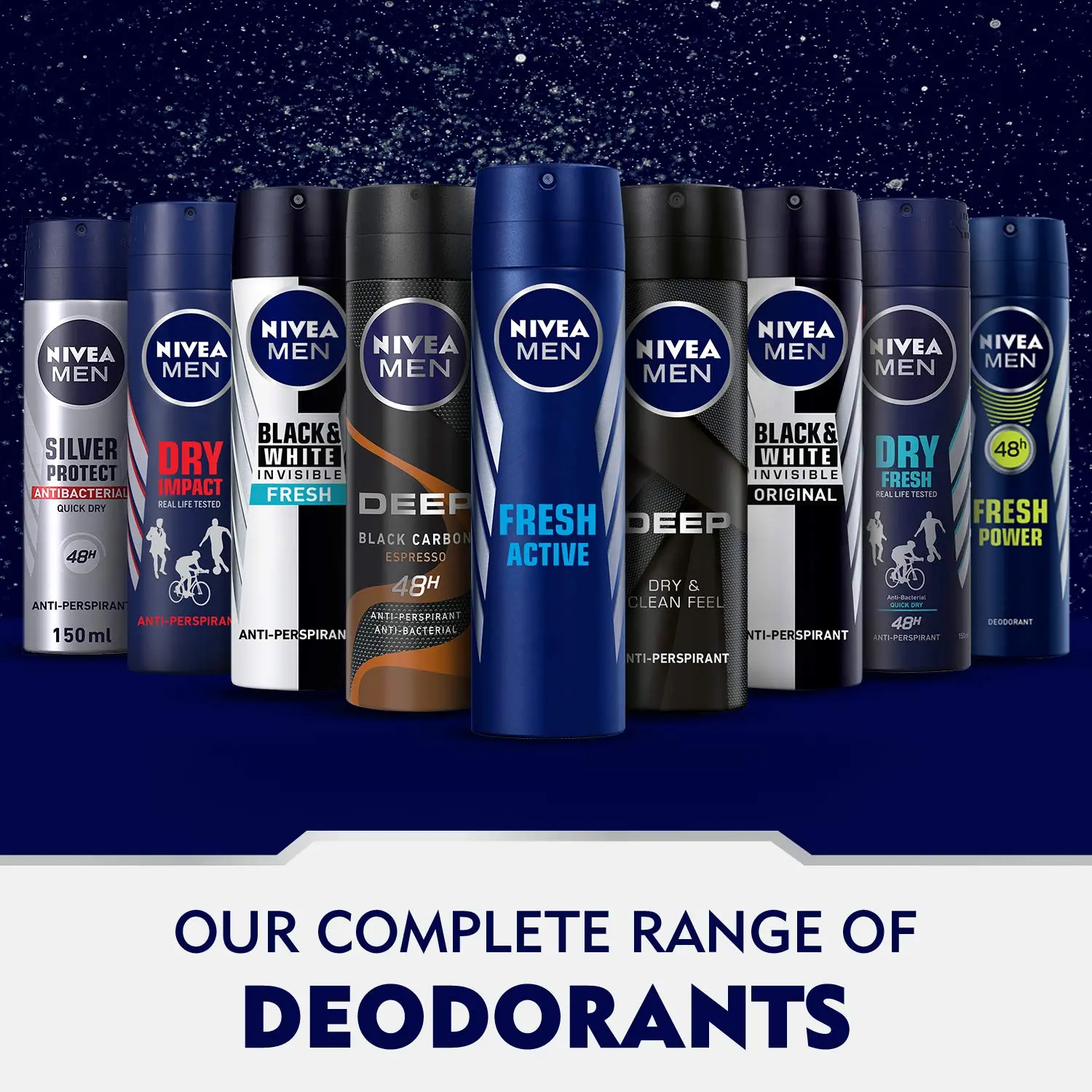 Two cans of NIVEA MEN Silver Protect antiperspirant spray providing 48-hour antibacterial protection against body odor and odor-causing bacteria.