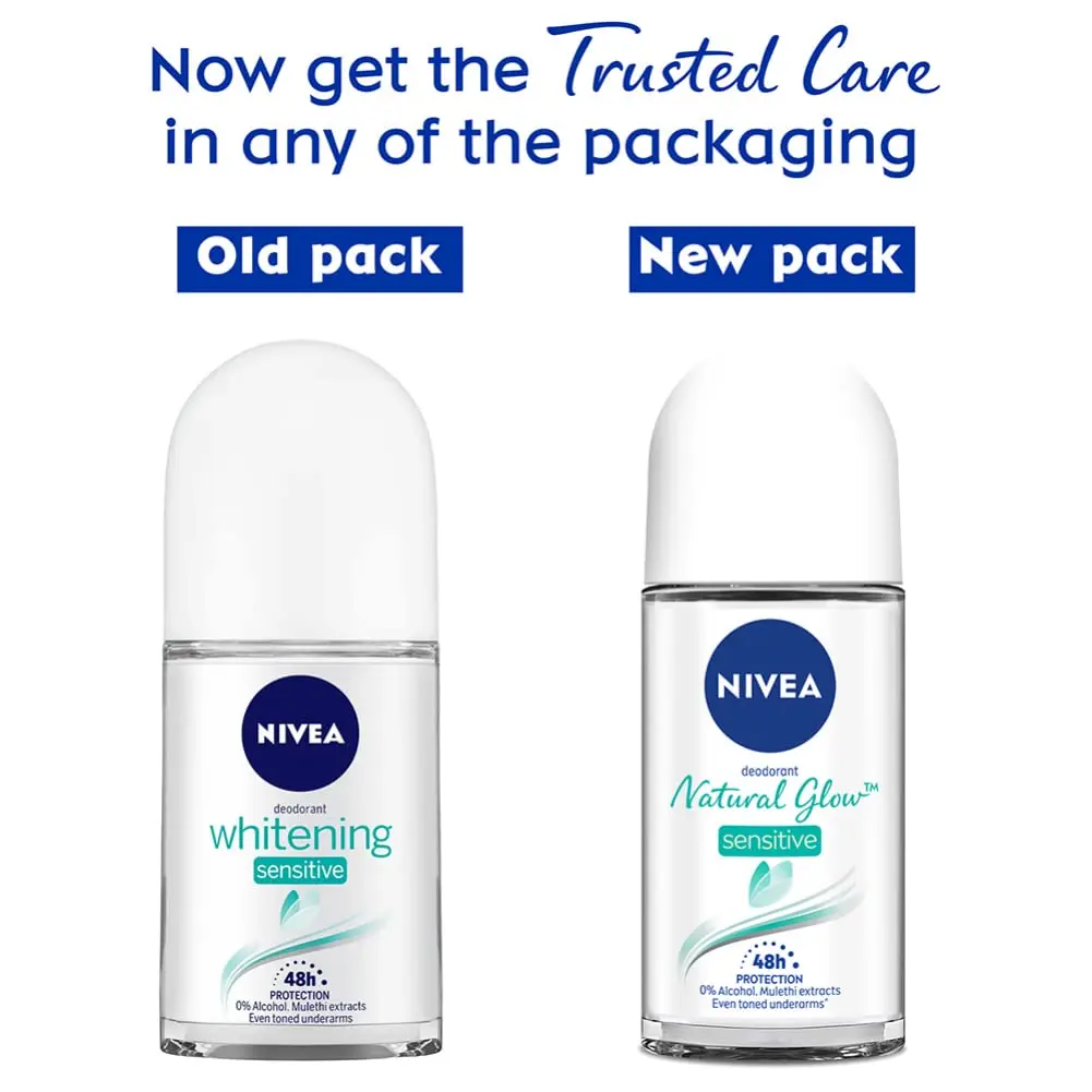 A 50ml bottle of Nivea Whitening Sensitive Roll On deodorant that provides skin whitening and smoothing with 48-hour gentle care.