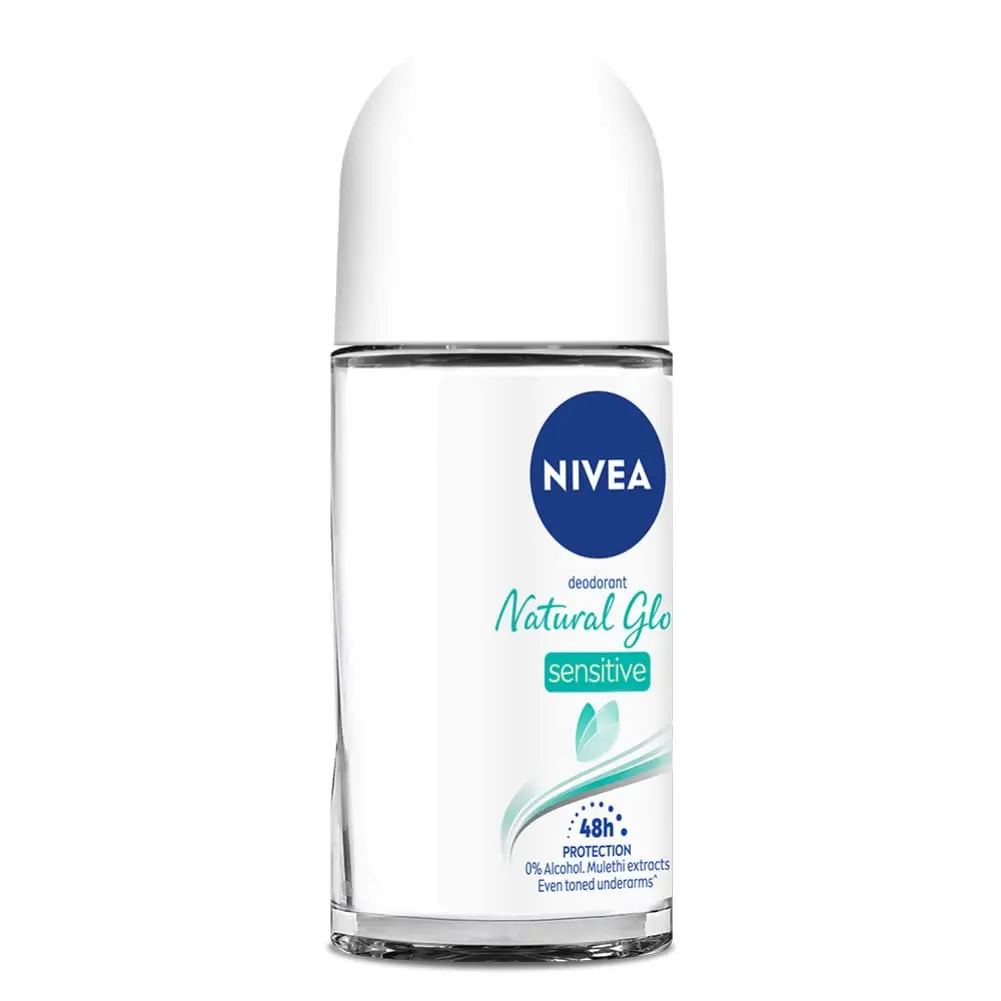 A 50ml bottle of Nivea Whitening Sensitive Roll On deodorant that provides skin whitening and smoothing with 48-hour gentle care.