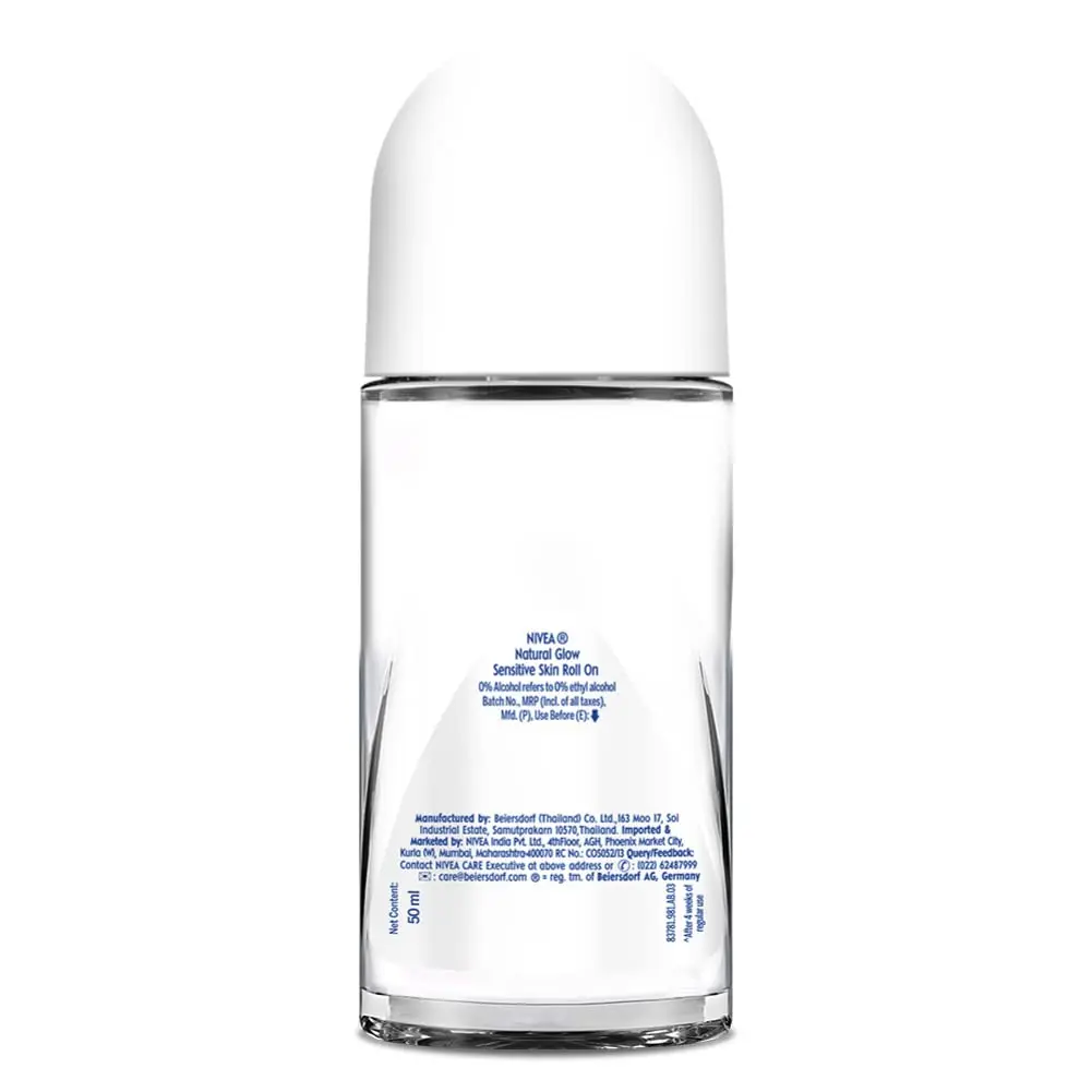 A 50ml bottle of Nivea Whitening Sensitive Roll On deodorant that provides skin whitening and smoothing with 48-hour gentle care.