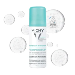 Vichy 48 Hour No Marks anti-perspirant deodorant spray is hypoallergenic, alcohol and paraben free, and suitable for sensitive skin, providing dermatologically tested protection and comfort.