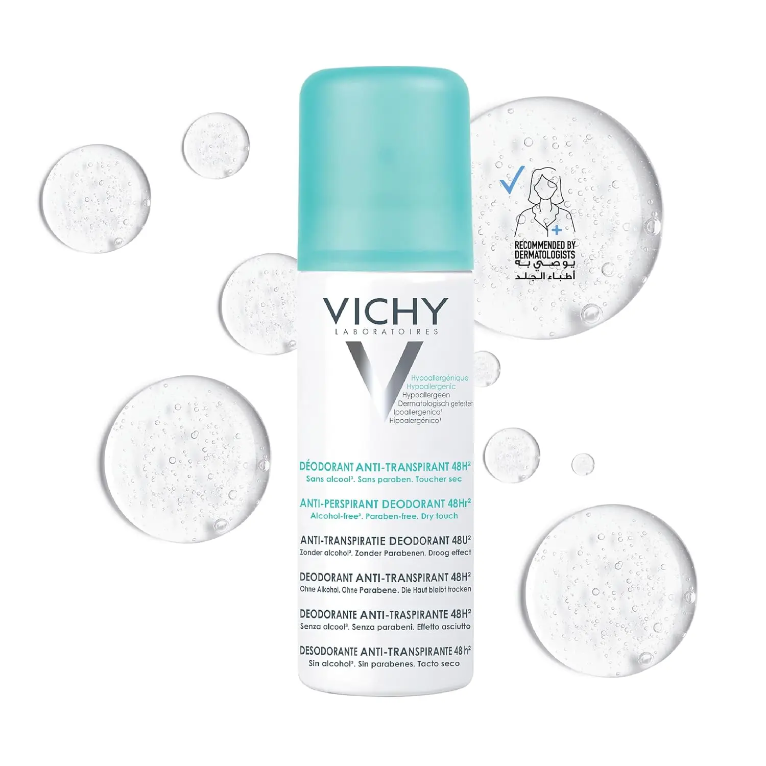 Vichy 48 Hour No Marks anti-perspirant deodorant spray is hypoallergenic, alcohol and paraben free, and suitable for sensitive skin, providing dermatologically tested protection and comfort.