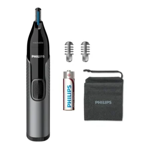 This grey Philips nose hair trimmer features a protective guard system for comfortable and safe nose, ear, and eyebrow trimming in the shower.