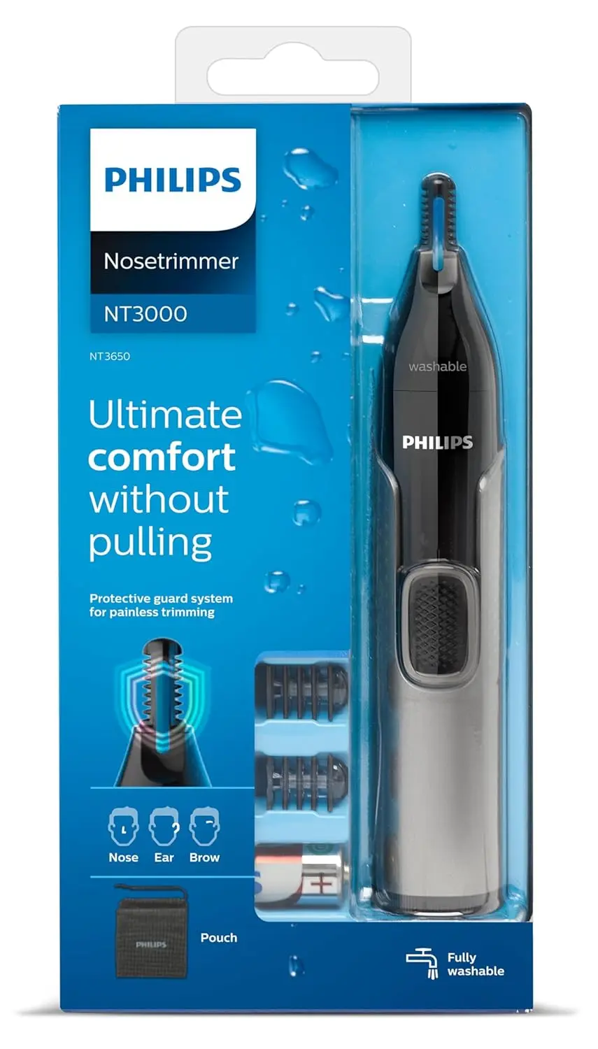 This grey Philips nose hair trimmer features a protective guard system for comfortable and safe nose, ear, and eyebrow trimming in the shower.