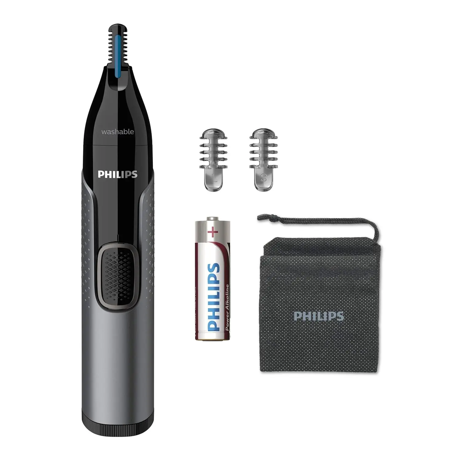 This grey Philips nose hair trimmer features a protective guard system for comfortable and safe nose, ear, and eyebrow trimming in the shower.