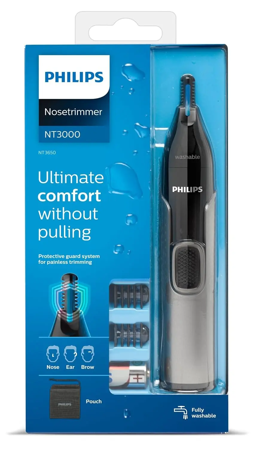 This grey Philips nose hair trimmer features a protective guard system for comfortable and safe nose, ear, and eyebrow trimming in the shower.