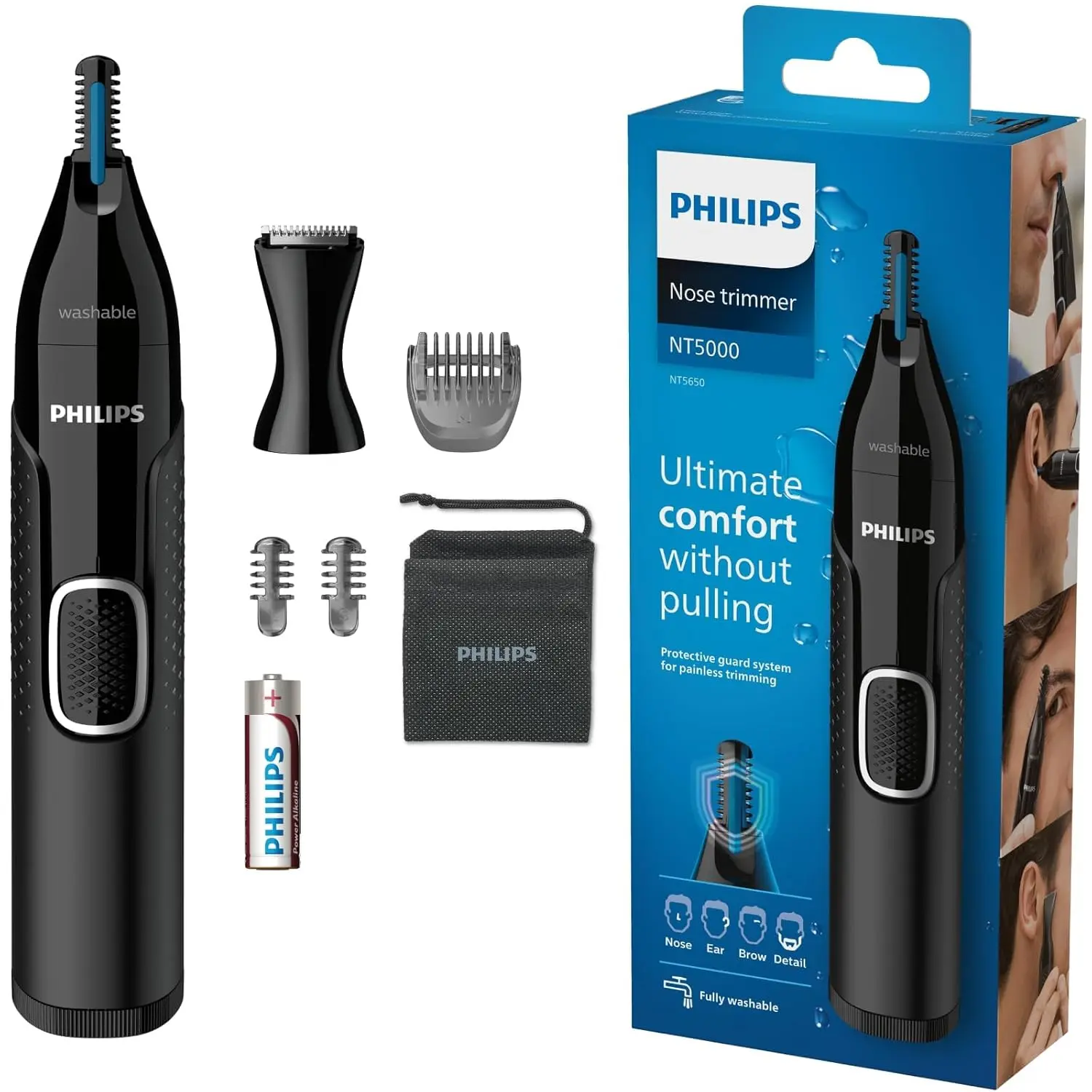 This grey Philips nose hair trimmer features a protective guard system for comfortable and safe nose, ear, and eyebrow trimming in the shower.