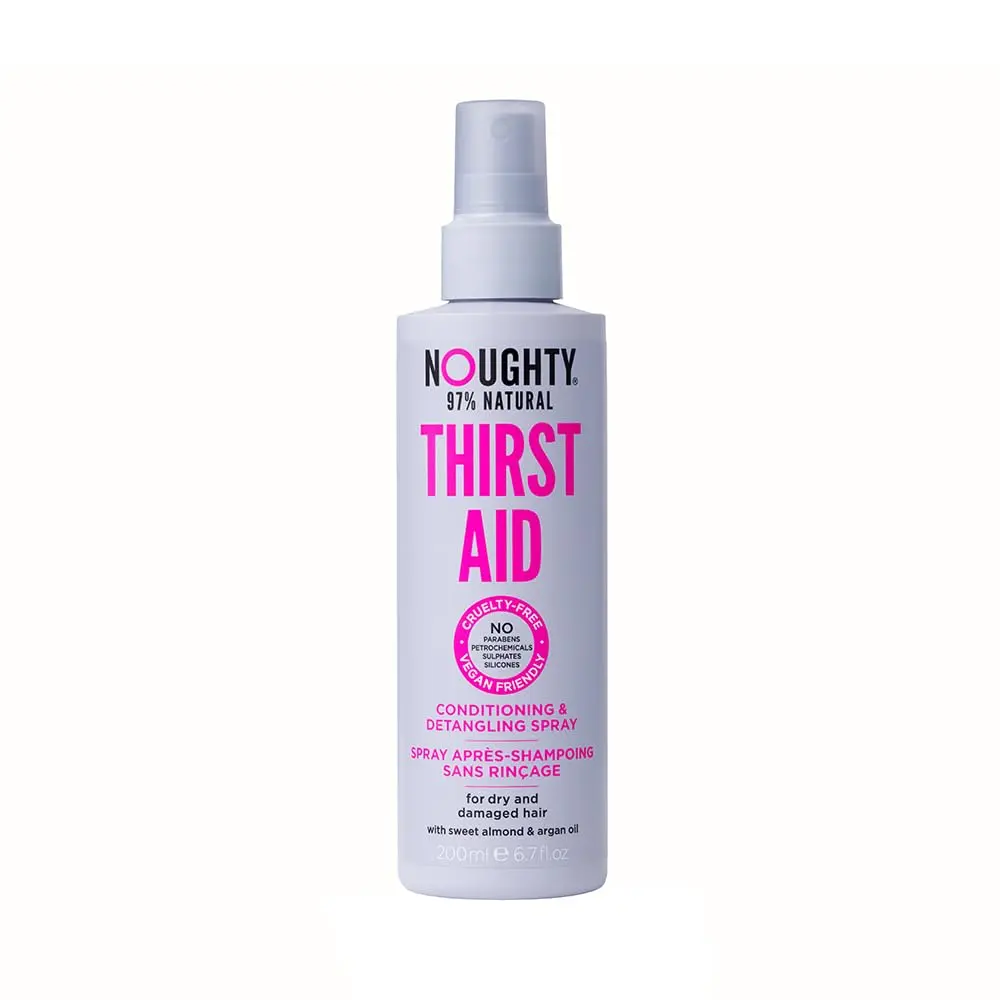 Noughty Thirst Aid conditioning and detangling spray is perfect for hydrating, smoothing, and caring for dry, damaged, frizzy, or color-treated hair.