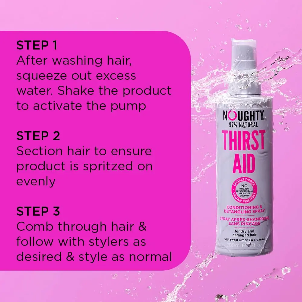 Noughty Thirst Aid conditioning and detangling spray is perfect for hydrating, smoothing, and caring for dry, damaged, frizzy, or color-treated hair.