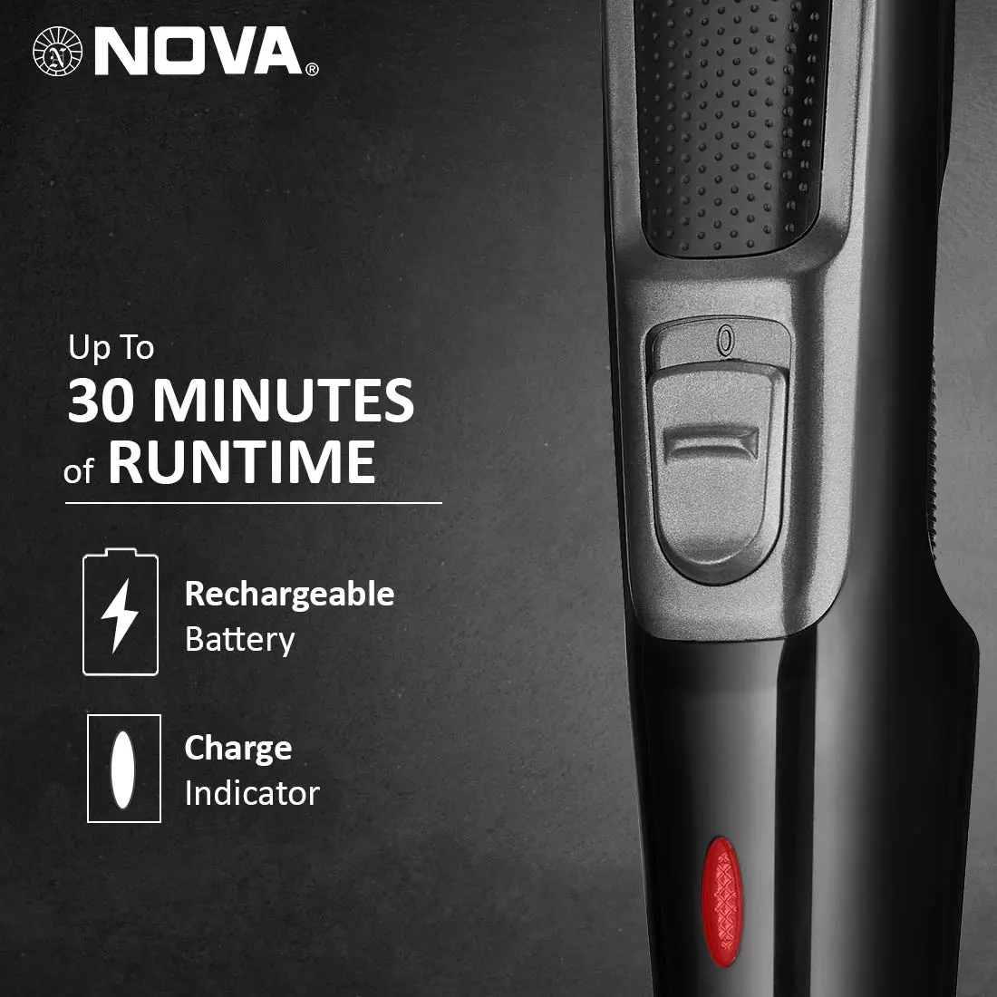The Nova NHT 1076 cordless hair trimmer for men offers up to 30 minutes of runtime and features stainless steel blades with adjustable trimming range from 0.5 to 10mm.