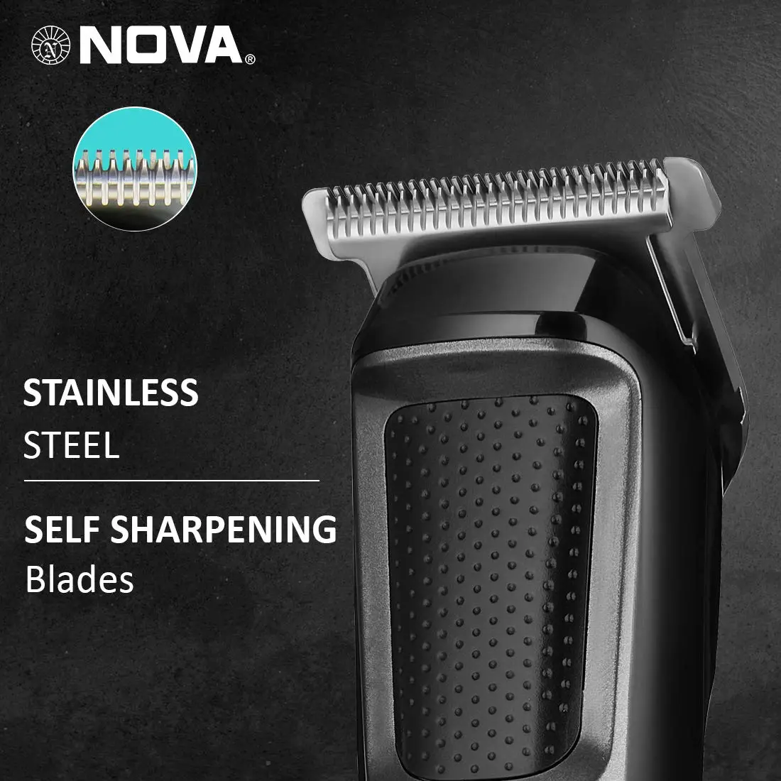 The Nova NHT 1076 cordless hair trimmer for men offers up to 30 minutes of runtime and features stainless steel blades with adjustable trimming range from 0.5 to 10mm.