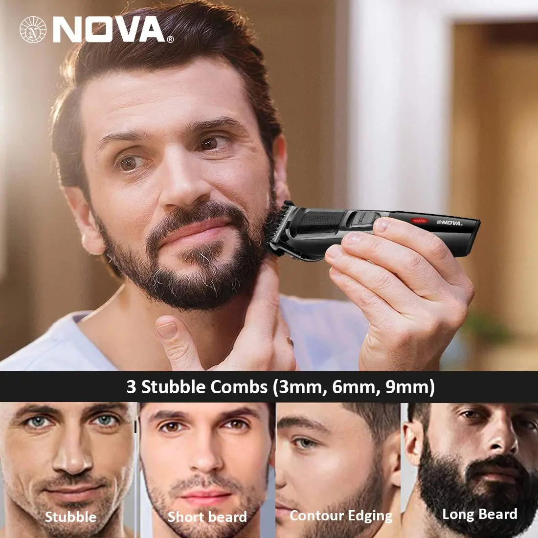 The Nova NHT 1076 cordless hair trimmer for men offers up to 30 minutes of runtime and features stainless steel blades with adjustable trimming range from 0.5 to 10mm.
