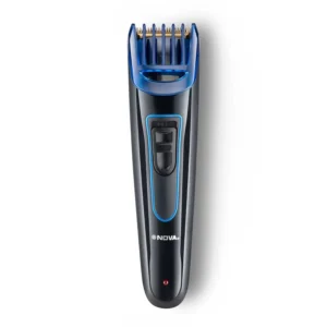 Black and blue Nova NHT-1071 cordless USB trimmer for men featuring sharp blades, efficient motor speed, and a great power battery.